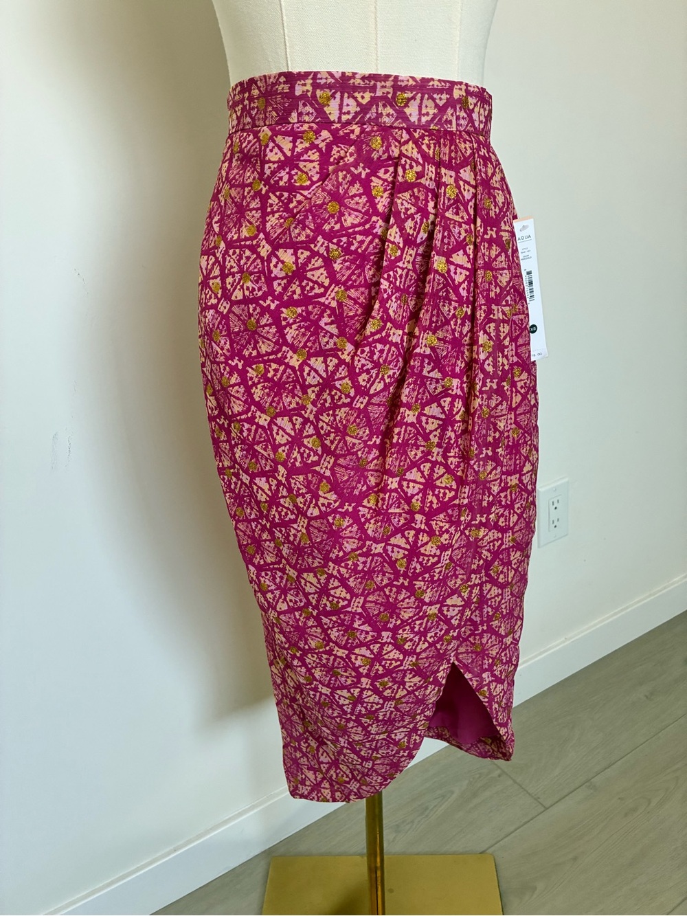 Aqua Pink and Gold Printed Wrap-Style Midi Skirt